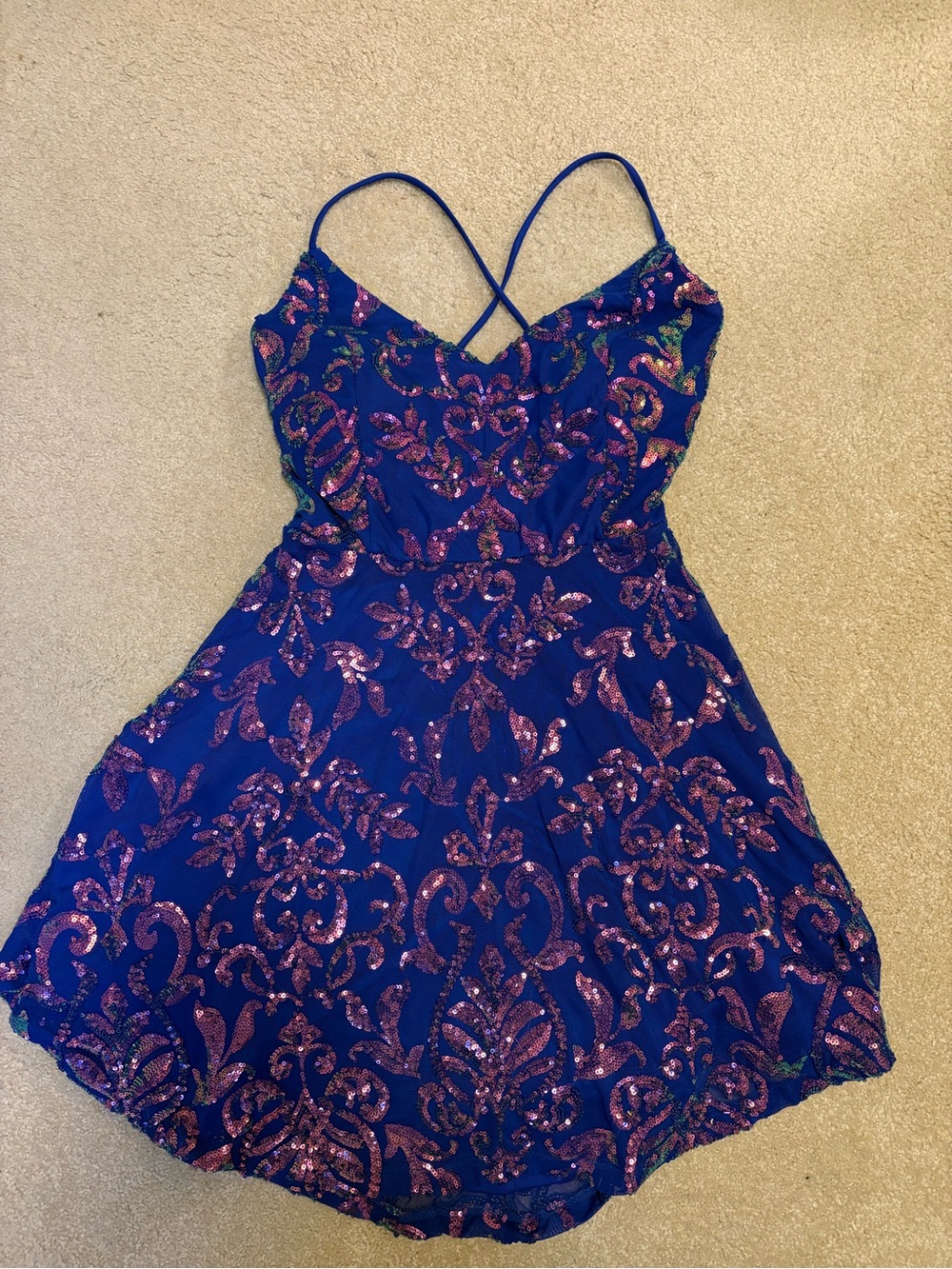 Windsor Blue Sequin Party Dress with Cross-Back Lace-up Straps